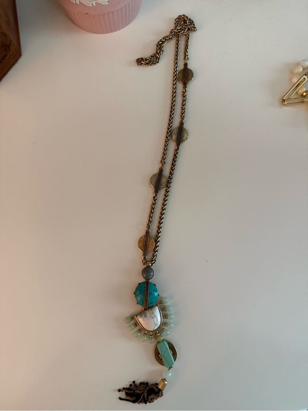 Stella & Dot Turquoise and White Boho Pendant Necklace - Gold Tone